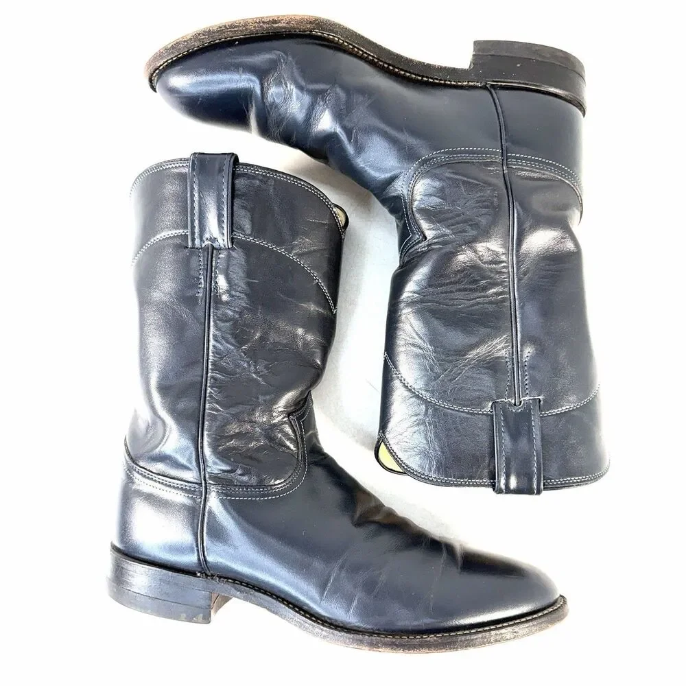 Vintage Justin Roper Men’s 8.5D Cowboy Western Boots Dark Blue Gray Leather 3024